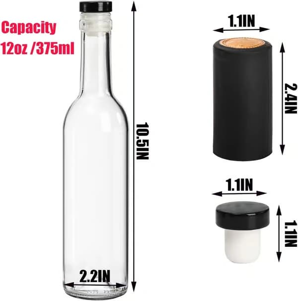 12-pack vinglasflaskor, 12oz/375ml Bordeaux-stil glasflaska, klara tomma spritflaskor T-topplock krymplock -