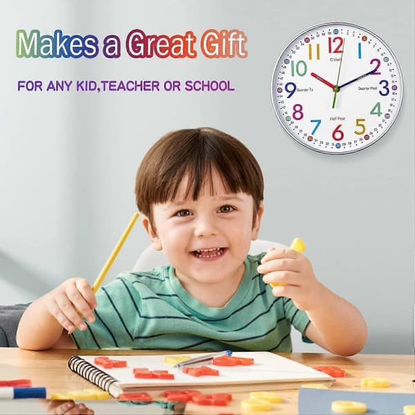 Kids Wall Clock - Children's Learning Clock - Educational Wall Clock for Kids, Analog Time Teacher with Exercises, to Help Children Read Time