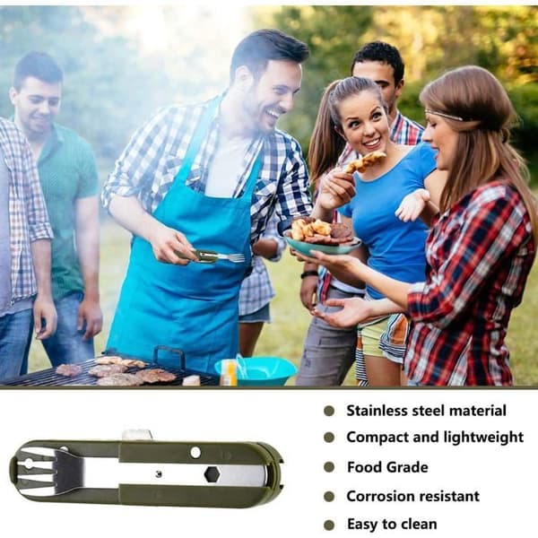 5-i-1 foldbart campingbestik i rustfrit stål, multifunktionelt picnicbestik