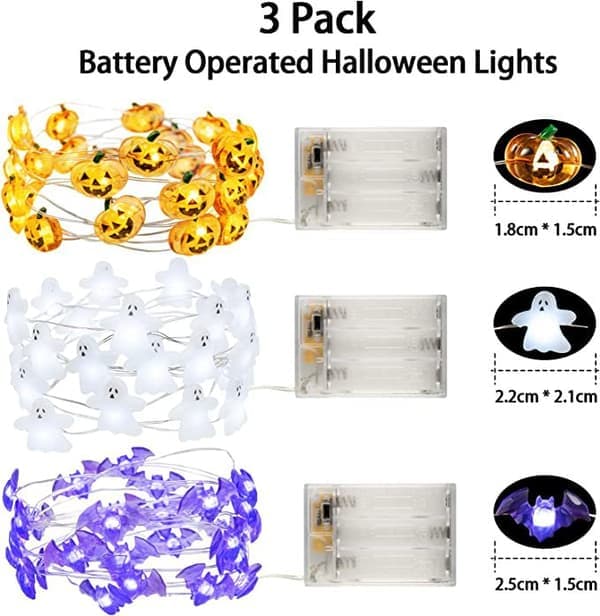 Halloween-set med 3 temalampor med 30 LED-pumpor