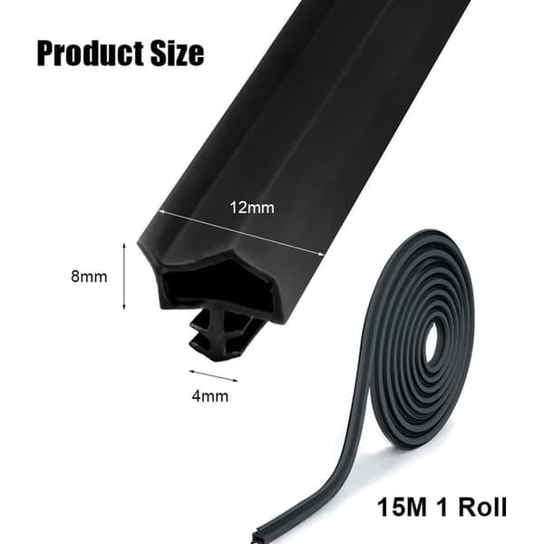 Gummidørtætning mod støj og støv, 15M, Notbredde 4mm, Notdybde 7mm, Notbøjning 12mm (Sort)