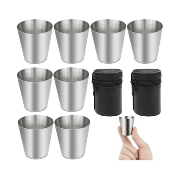 Shotglas i rustfrit stål, 8 stk. 30 ml shotglas i rustfrit stål, stålkrus, 2 læderposer