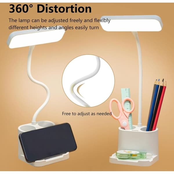 LED-bordlampe – USB oppladbar med pennholder, telefonstativ og 3 lysstyrkemoduser