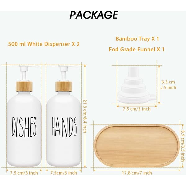 Mat Hvid Sæbedispenser Sæt 500ml Glas Sæbedispenser med Bakke Opvaskemiddel Dispenser Sæbedispenser til Køkken og Bruser (Hvid x 2)