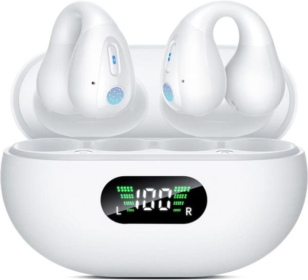 Benledningshörlurar, Bluetooth 5.3, 36 timmars batteritid, ENC-mikrofon, LED-laddningsfodral – vit