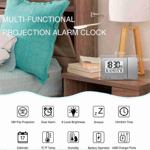 Projektionsväckarklocka för sovrum – Digital takklocka med termometer, hygrometer, USB-laddare, 180° roterbar