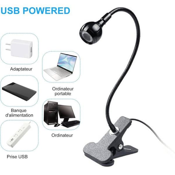 UV-gellampa, 3W, 32cm svanhals, 7cm klämma, USB-driven, nagellackstork