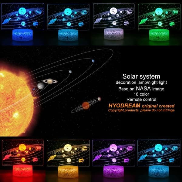 Solsystem 3D Optisk Illusjon Nattbordslampe Univers Rom Galakse Nattlys for Barn, Romdekorasjonslys, Gave til Gutter og Jenter
