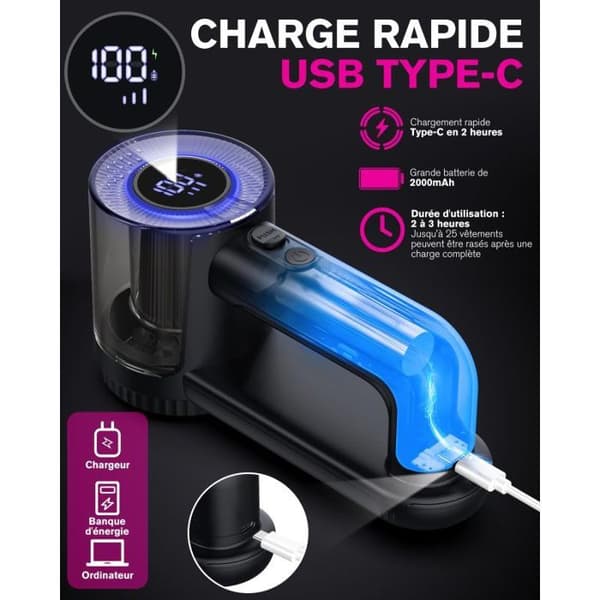 Elektrisk fnugfjerner, [Type-C + LED-skærm] Elektrisk fnugfjerner, fnugshaver, 2000mAh
