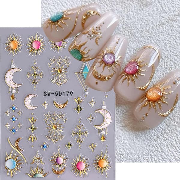 Bohemian Nail Decals - 2 Sheets 5D Embossed Star, Sun & Moon Self-Adhesive Nail Stickers