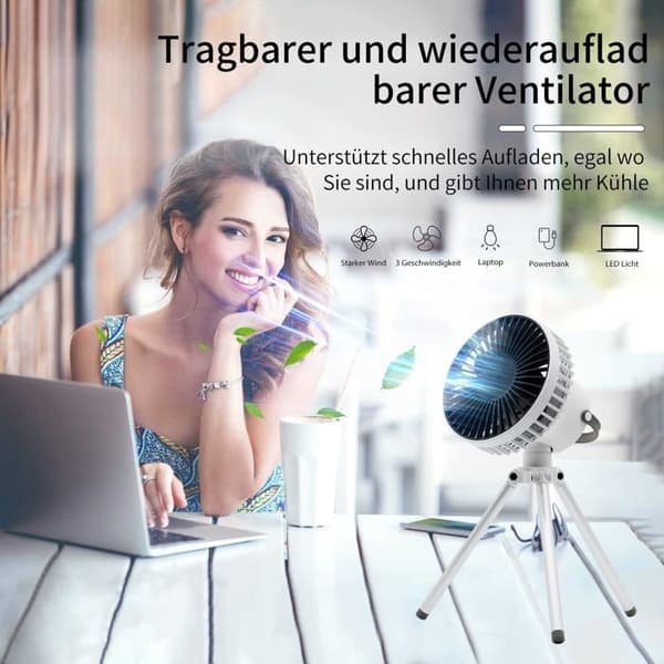 2000mAh USB Bordventilator med LED og Stativ, 3 Hastigheder, Stille Drift til Telte og Kontorer