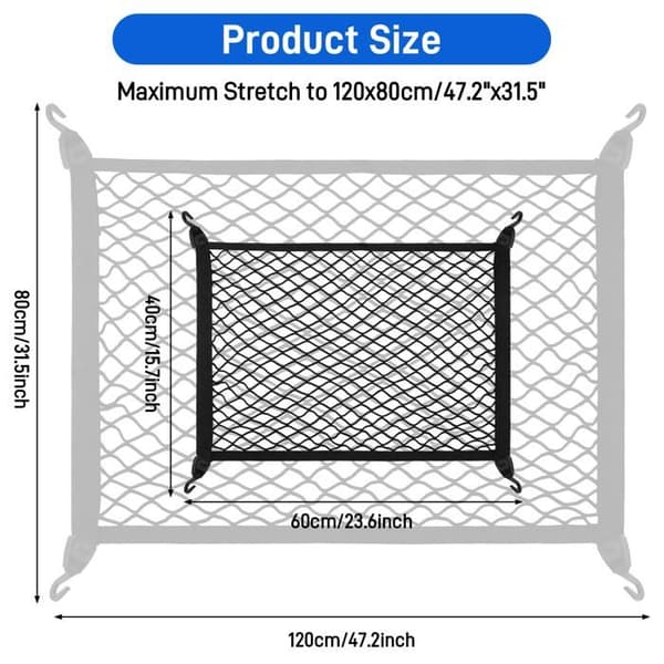 Lastnet-1, Justerbart Elastisk Net 60x40cm, 4 Nylonkroge - Universelt til Køretøjer, Varevogne, SUV'er - Organisering