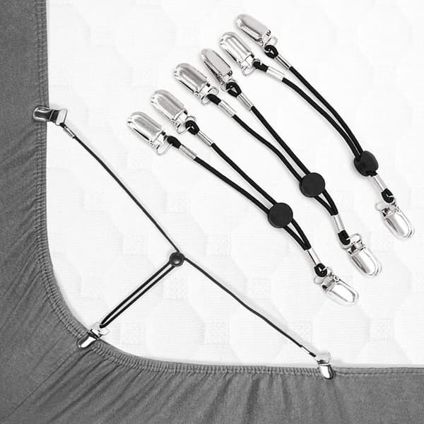 Elastiske clips til lagner og dynebetræk - Justerbar elastik med metalclips og rund elastikbånd - Pakke med 4