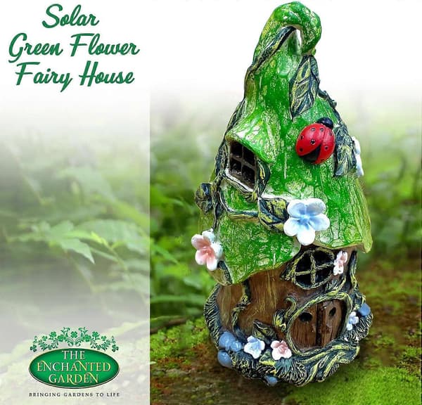 DEN FORTRYLLEDE HAVE Fe Hus Grøn Blomst Ornament Udendørs Dekoration Fe Have Tilbehør Statue Alf Pixie Feer Hjem