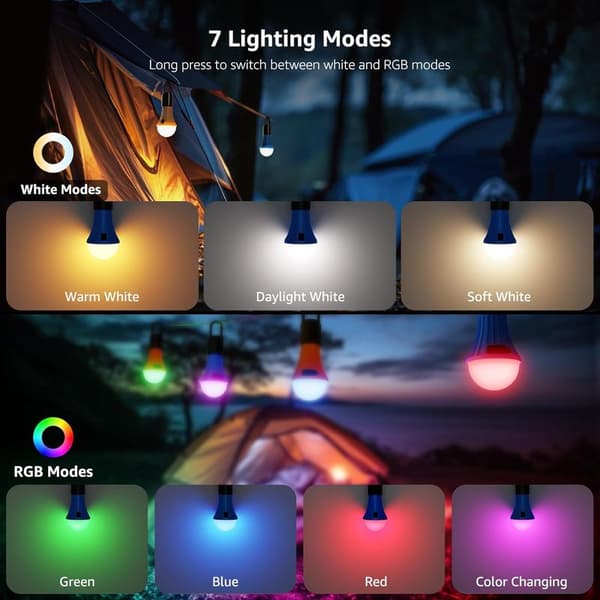 Campingpære – 7 moduser (hvit+RGB) til å henge for nødsituasjoner