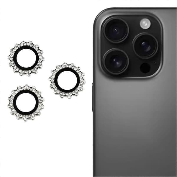 Kamerabeskyttelse til iPhone 16 Pro/16 Pro Max, gearform, rhinstensdekoration, hærdet glas