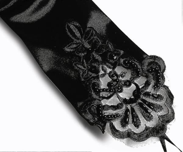 Sorte hansker lange – fingerløse 1920-talls tilbehør, sateng albuelengde for kvinner