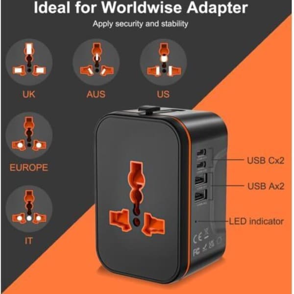 Universal reisepluggadapter, universal reiseadapter med 2 USB og 2 USB-C