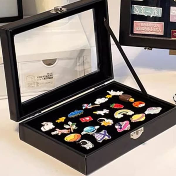 Sort fløjl glas ring display boks - opbevaringsbakke - display stand