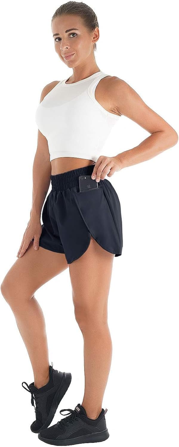 Løbeshorts til kvinder - Hurtigtørrende dobbeltlag med elastisk talje og lommer - Vælg farve og størrelse Navy Medium