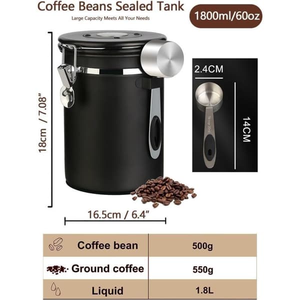 1,8L lufttät kaffeburk – 304 rostfritt stål – CO2-utsläppsventil – Sked ingår – För bönor, malet kaffe, te, mjöl, socker