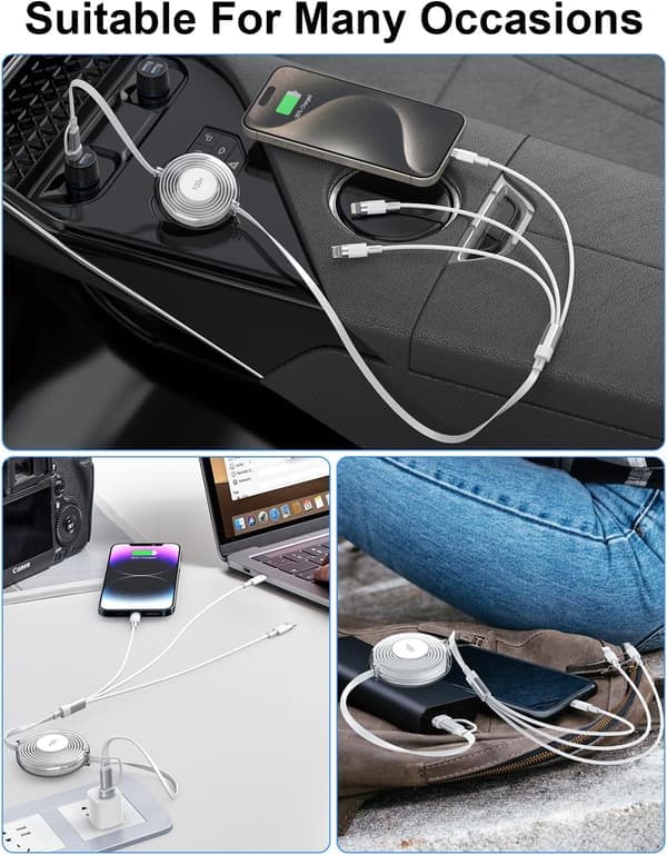 3-i-1 Multi-ladekabel, innebygd iPhone-lader, 100W hurtiglading USB-C/A til Lightning/USB-C/Micro USB telefonladekabel hvit White