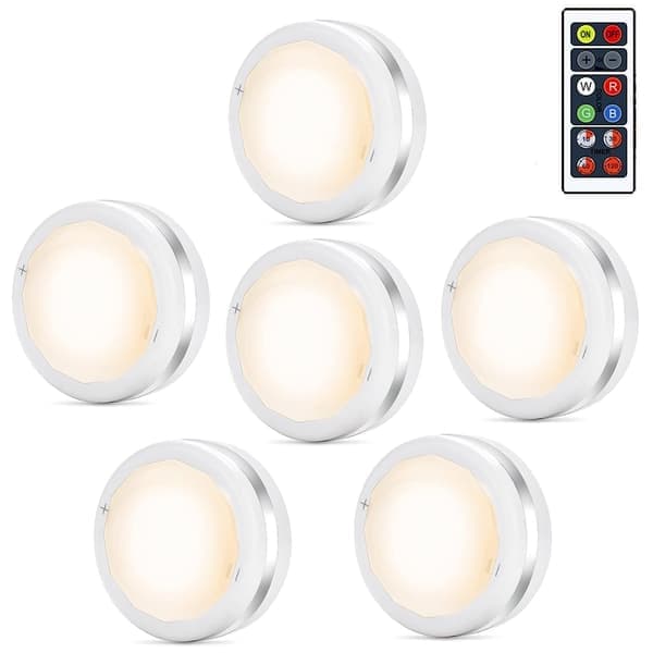 LED Puck Lights 6-pack, Remote Control, Dimmable Lamp Battery Operated Touch Cabinet Kitchen Wardrobe Lights (Batteries Not Included)