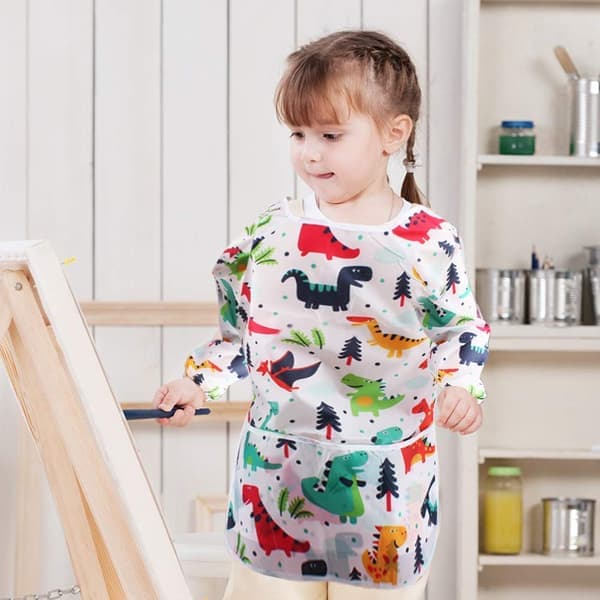Kunstforklæde til børn – 2-pak vandtæt dinosaur langærmet med lommer til 3-8 år – Vælg farve Blue+White