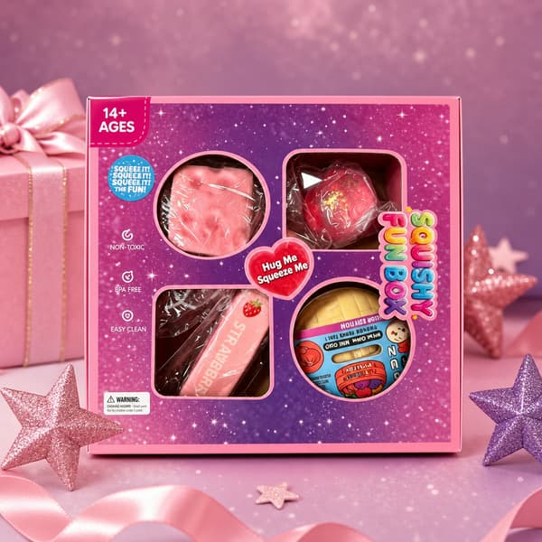 4-delt rosa Squishy Fun Box, assorterte dessert- og glitter-sensoriske stressavlastningsleker i vindusgaveeske