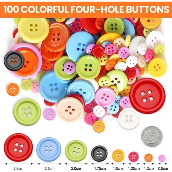 100 Flerfarvede Knapper, 4 Huller, 0,9-2,8 cm, Til Tøj, Håndværk, Gør-det-selv