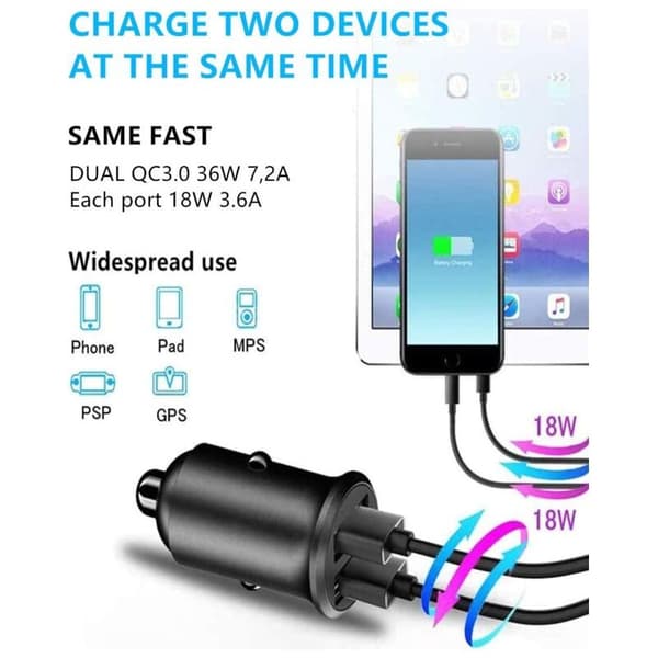 USB Biloplader – Dobbelt QC3.0 36W/7.2A fuldmetal mini hurtigoplader til iPhone & Galaxy serier