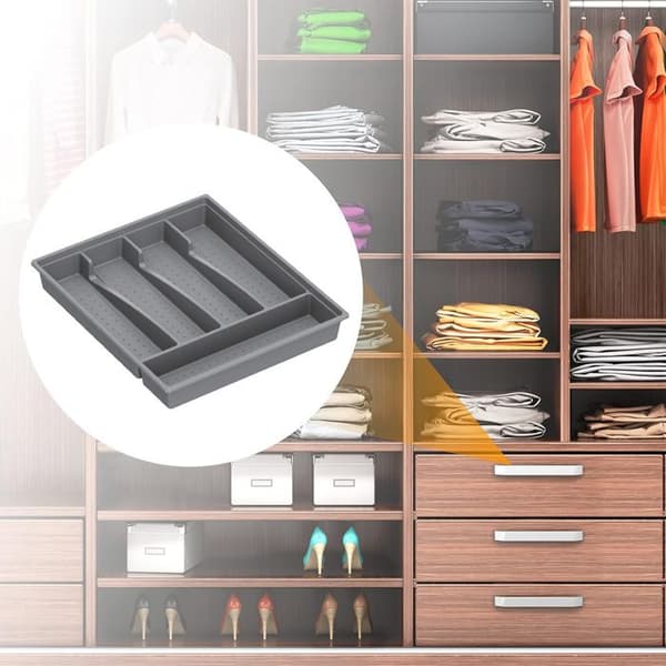 Bestikkskuff oppbevaringsboks, plast, 5-roms design - grå