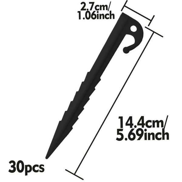 Pakke med 30 plastik teltpløkker 14,5 cm - Robuste sorte - Camping/Have/Udendørs/Telte
