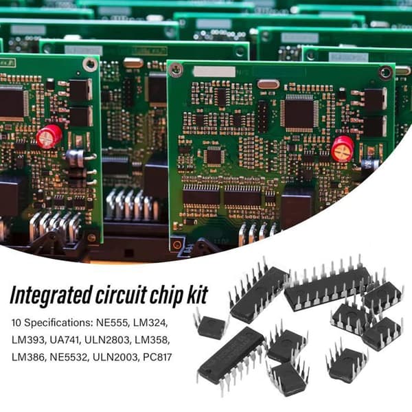 85-dele IC-sortimentssæt, 10 integrerede kredsløbs-IC-chips: NE555, LM324, LM393, UA741, ULN2803, LM358, LM3