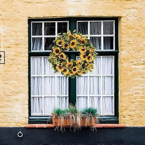 Kunstig solsikkekrans 45 cm sommer efterår store kranse forår rund blomst grønne blade -Sy