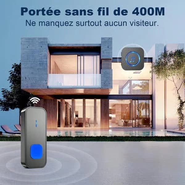 Trådløs dørklokke med plug-in mottaker - 400m rekkevidde - Vanntett - 110dB