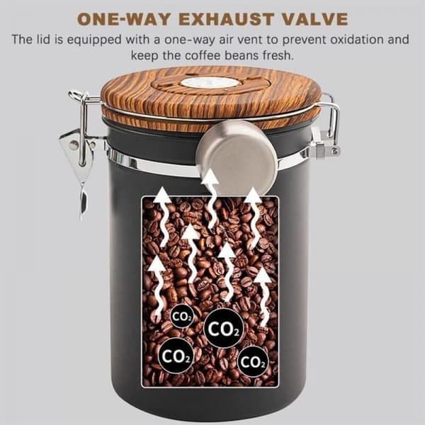 Lufttæt beholder i rustfrit stål til opbevaring af kaffebønner, med dato og CO2-ventil (Træ-effekt farve, stor størrelse, 1800 ml)