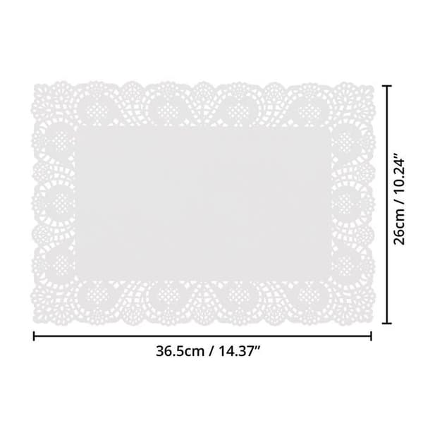 Rektangulära vita spetsunderlägg i papper - 100, vita, 36,5x26cm, bröllopstårta dekoration presentinslagning bord