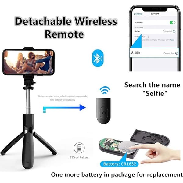 100 cm utdragbar Bluetooth Selfie Stick Stativ med trådlös fjärrkontroll