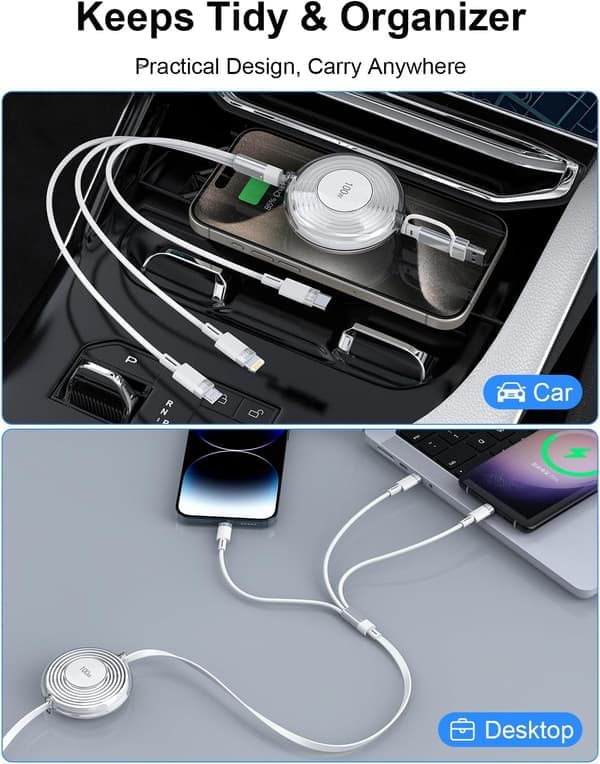 3-i-1 Multi-ladekabel, innebygd iPhone-lader, 100W hurtiglading USB-C/A til Lightning/USB-C/Micro USB telefonladekabel hvit White