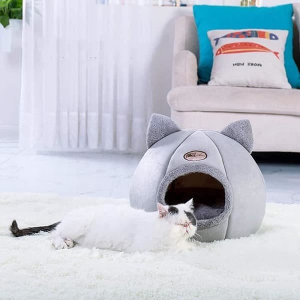 Kattehus - Sklisikkert Kattenest - Mykt og Varmt - Avtakbart - Sammenleggbart - Grått