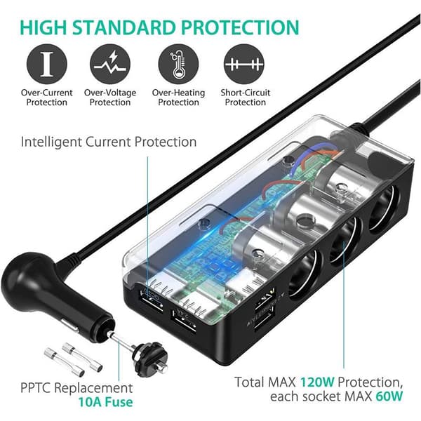 120W sigarettenneradapter billader 3 multi-uttak DC 12V/24V splitter ladekabel med bryter 4 USB-porter