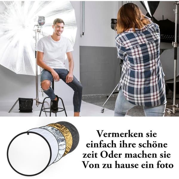 5-i-1 Fotografisk Reflektor - Rund 60cm - Sammenfoldelig Nylon - Guld, Sølv, Hvid, Sort, Gennemsigtig