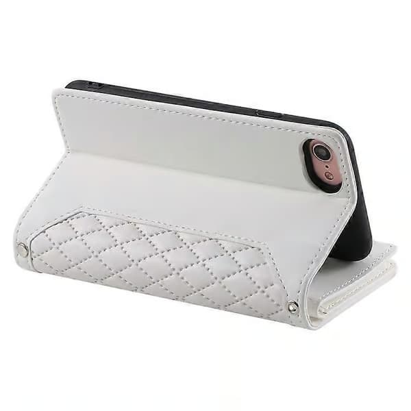 Mobilskal för iPhone 16e med diamantmönster, plånboksfodral i läder med dragkedja och axelrem (Vit)