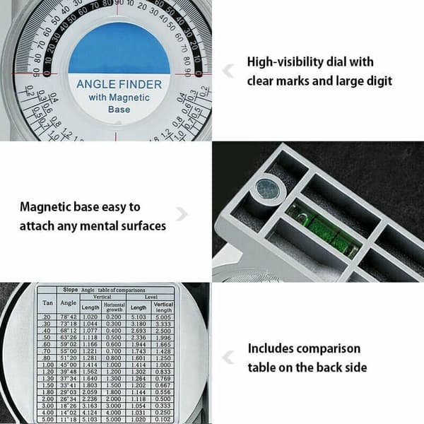 Magnetisk inklinometer, mini-inklinometer, vinkelmåler, voltmeter, gradskive, dobbelt vaterpass, bakre sammenligningstabell
