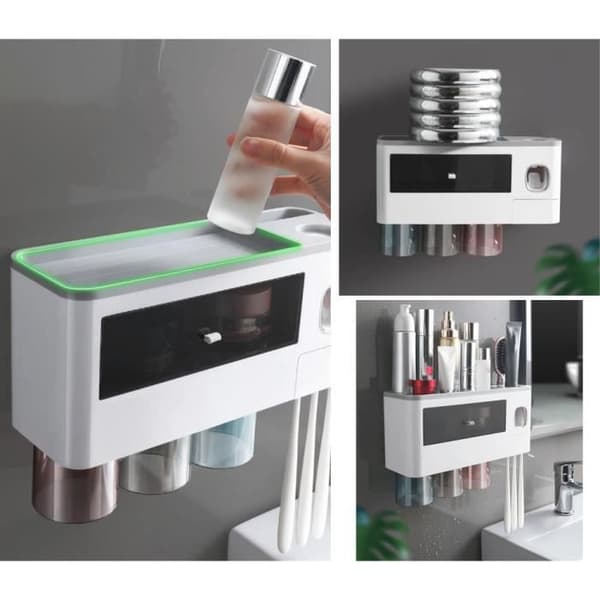 Tannbørsteholder - MERKE - Modell - Transparent grå - Tannkremdispenser - Veggmontering