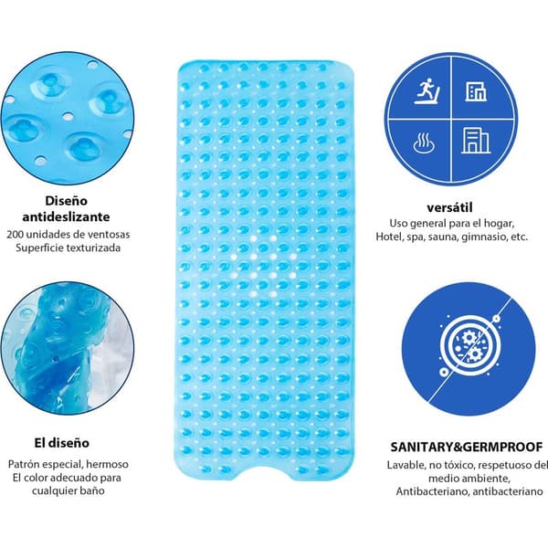 Halkfri badmatta 100 x 40 cm Extra lång med mögelresistent sugkopp för badrumsbruk (Blå)