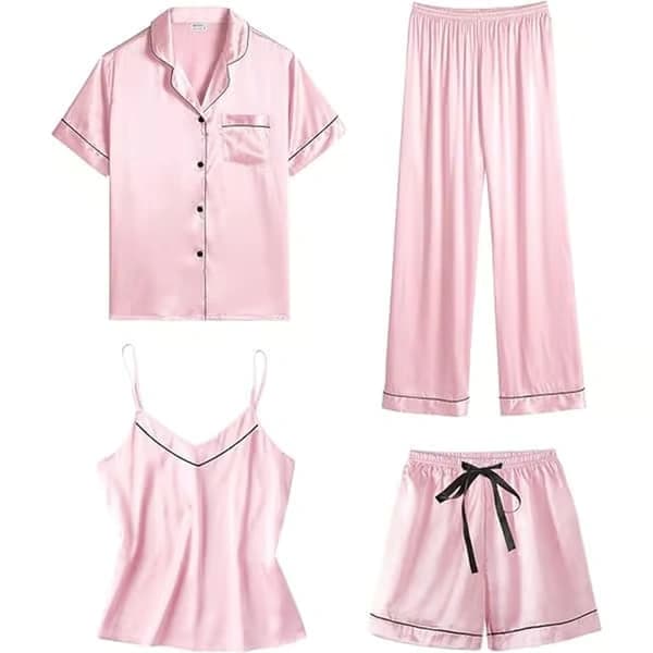 4-delt pyjamasett for kvinner i silkesateng nattøy sexy pyjamas koselige klær Rosa