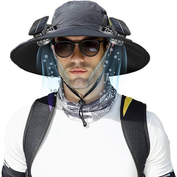 Solar ventilatorhat, bredskygget solar ventilatorhat, solar + USB dobbelt strømforsyning, perfekt til udendørs fiskeri, campingentusiaster sort Black
