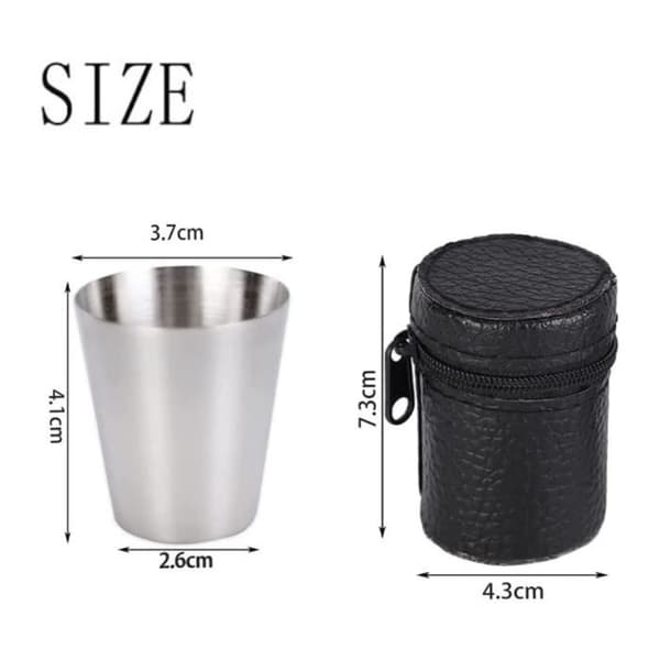 Shotglas i rustfrit stål, 8 stk. 30 ml shotglas i rustfrit stål, stålkrus, 2 læderposer
